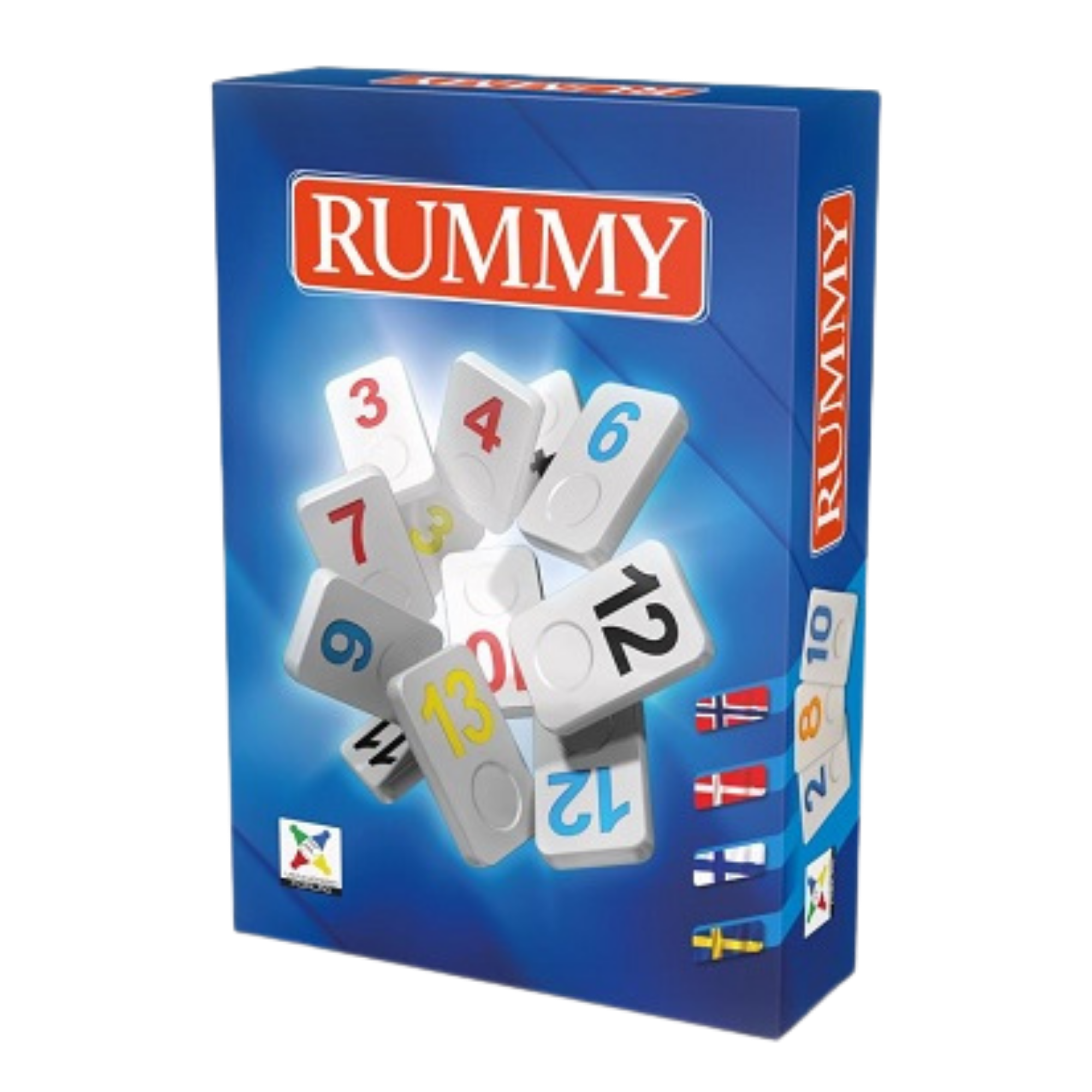 Rummy blå eske med motiv av spillebrikker med ulike fargerike tall